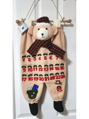 Vtg Teddy Bear Hanging Advent Calendar Christmas Countdown Pockets Holiday 26x13